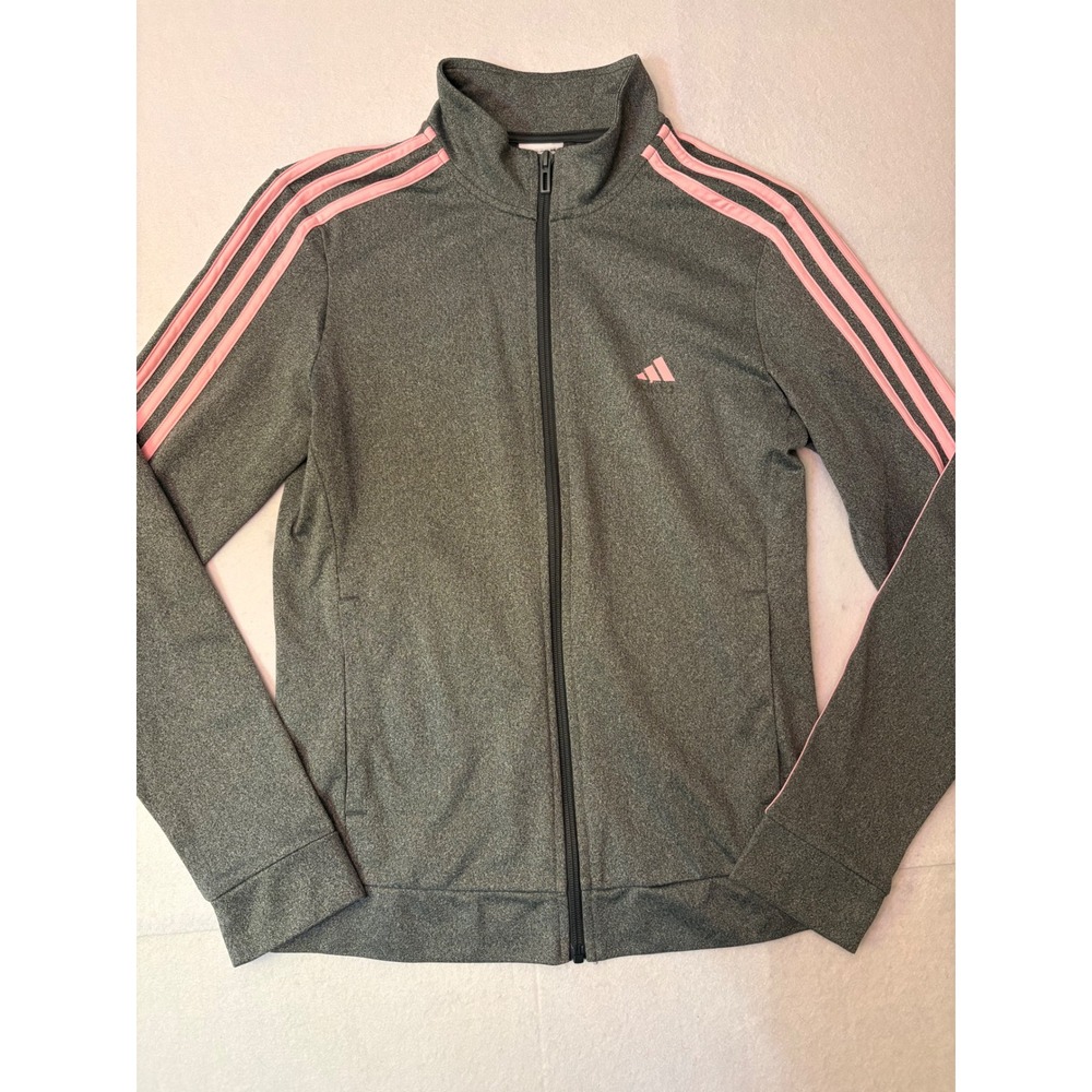 Adidas Womens Track Jacket Gray Pink 3 Stripe Full Zip Heathered Athletic Small
